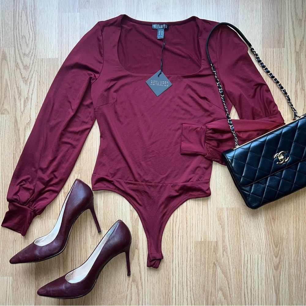 Revamped burgundy square neck bishop sleeve bodysuit